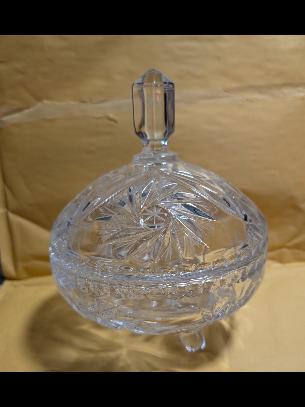 Cut Crystal Covered Candy Dish - Clear Glass Trinket Bowl